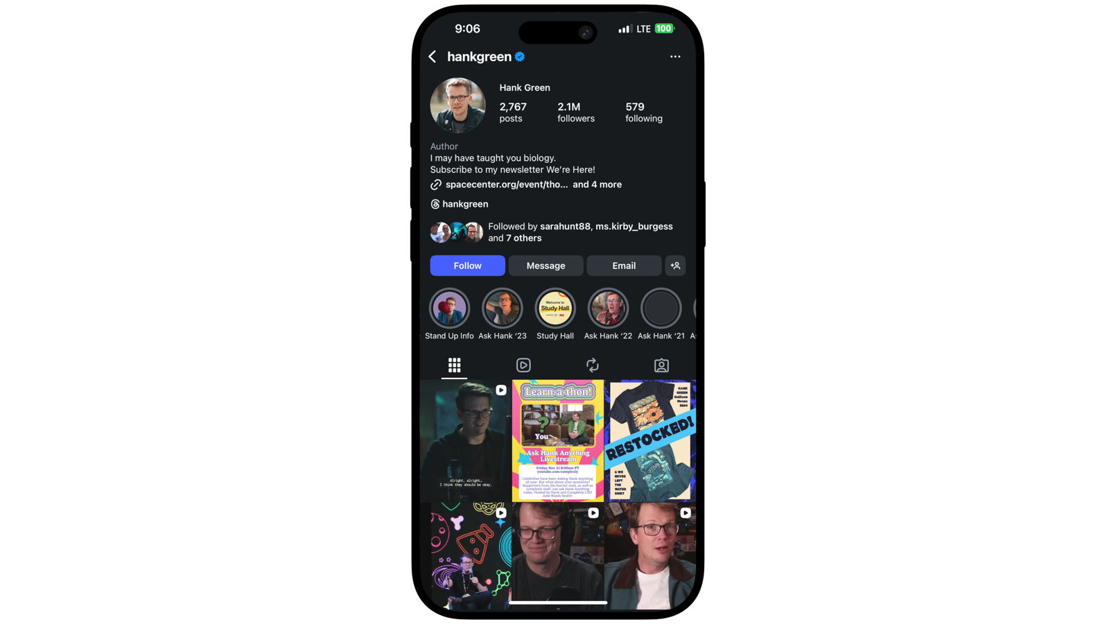 Instagram profile page shown on an iPhone