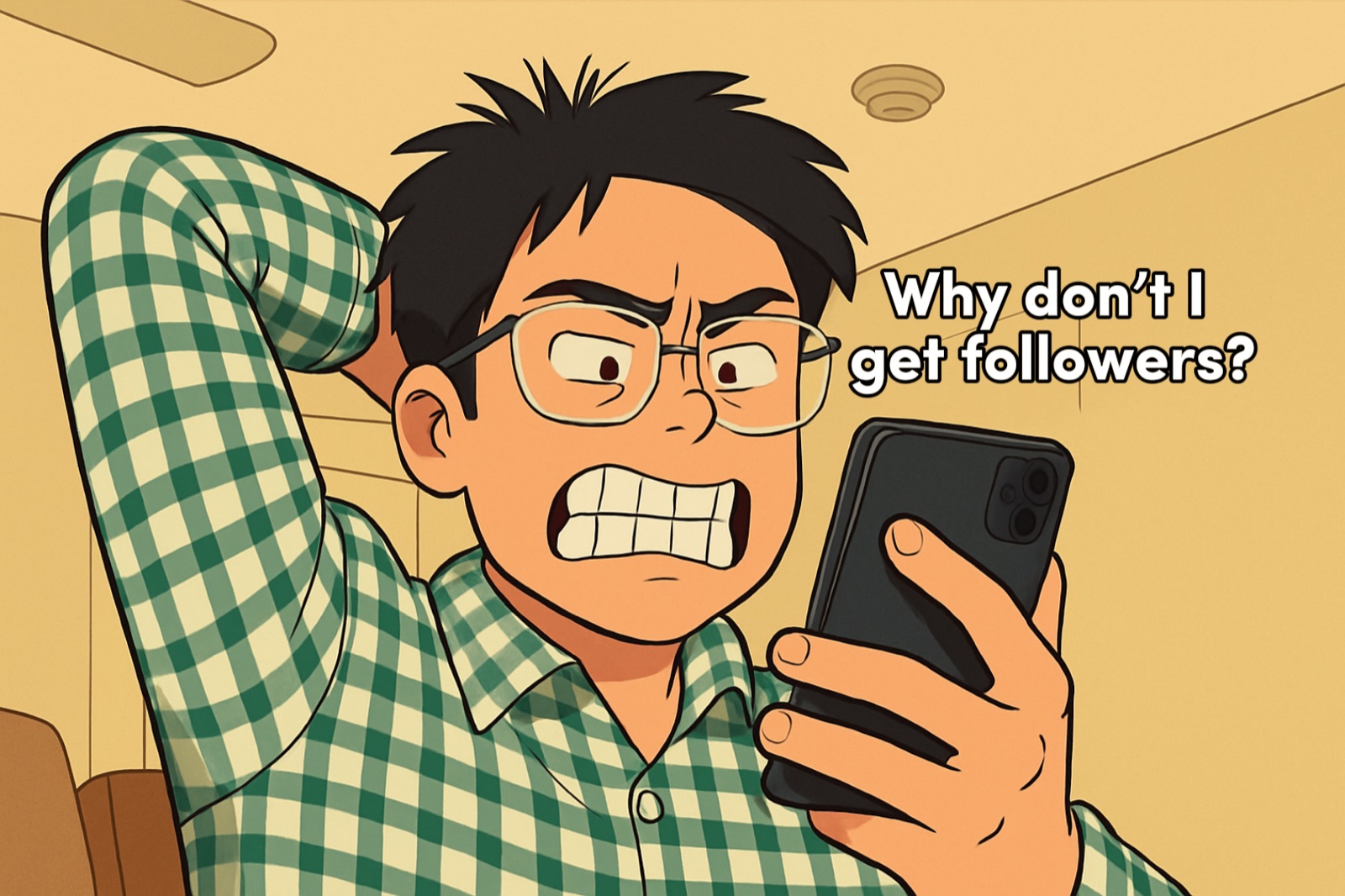 Cartoon of a frustrated small-business owner staring at his phone and asking why he doesn't get followers