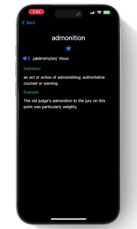 Lookup screen: admonition with its phonetics, part of speech, definition and example, and a star under the word for saving