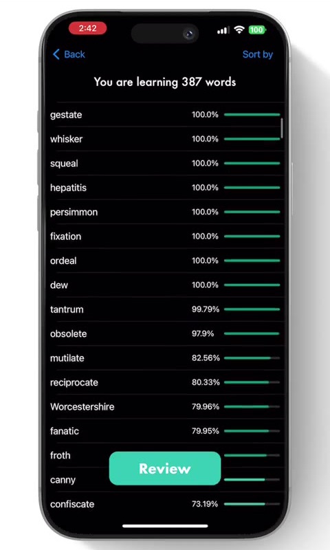 Saved Words: You are learning 387 words, each with a percentage and a green progress bar, with a Review button floating at the bottom