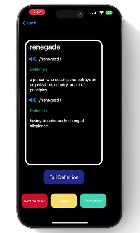 Review screen: the flipped renegade card shows two definitions above a Full Definition button and the Don't remember, Vague and Remember buttons