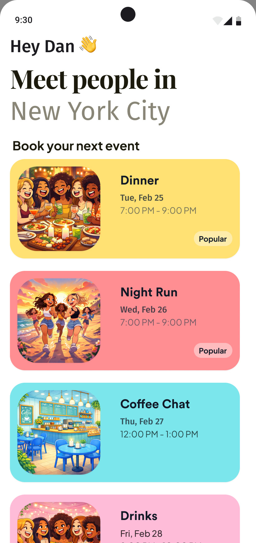 Android version of the Hive Five home page with the same event list and an Android status bar