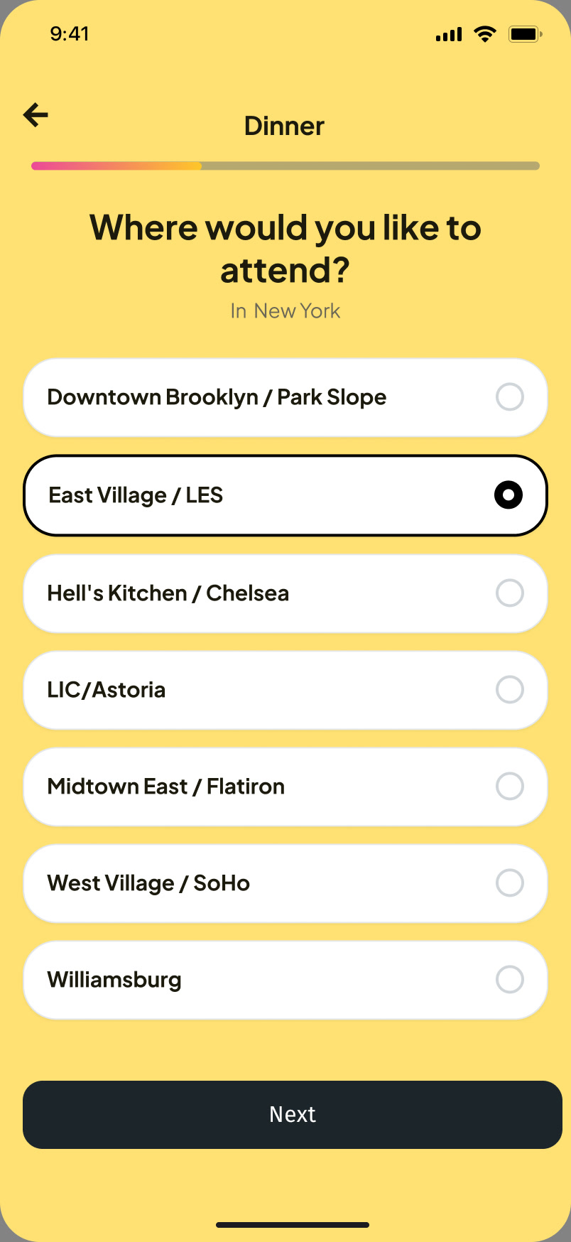 Dinner sign-up: Where would you like to attend? with a list of New York neighborhoods and East Village / LES selected