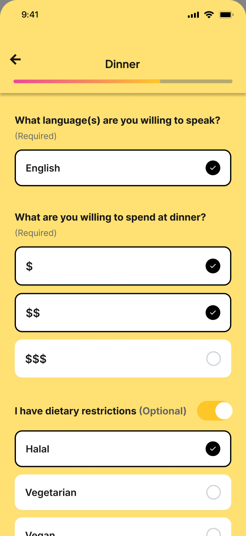 Dinner sign-up: languages you are willing to speak, what you are willing to spend, and optional dietary restrictions