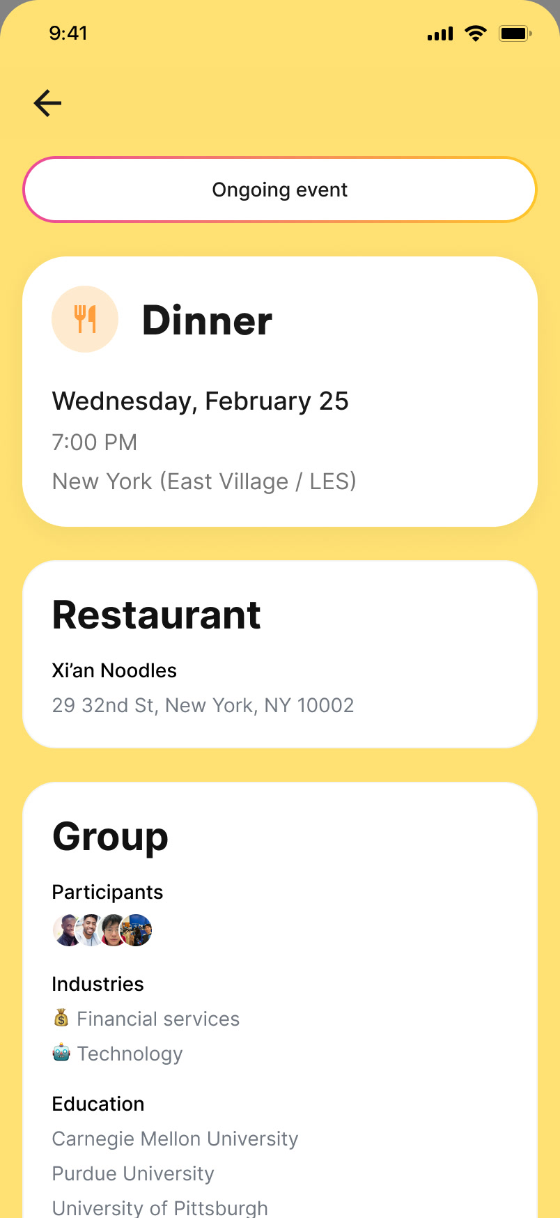 Event page with an Ongoing event banner, the restaurant’s name and address, and the group section