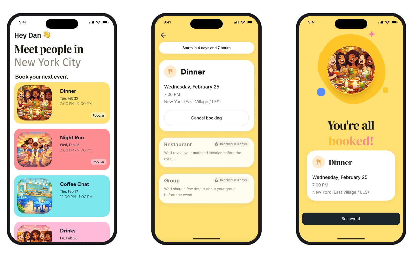 Three Hive Five screens: this week’s events, an upcoming dinner counting down, and the booking confirmation