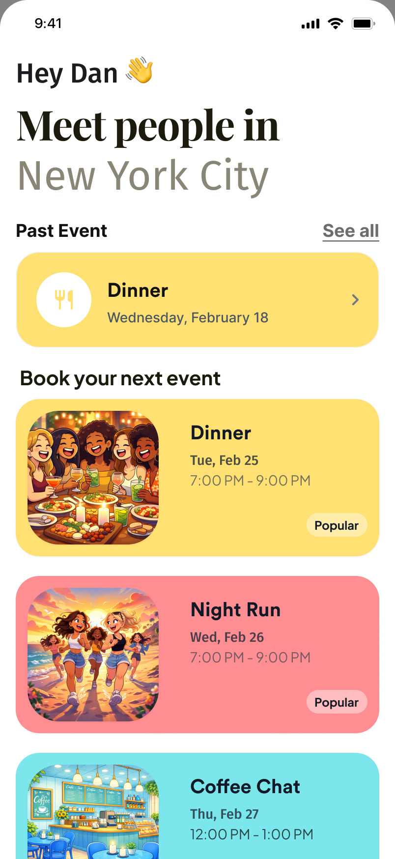 Home page with a Past Event card for a dinner on February 18 above the event list