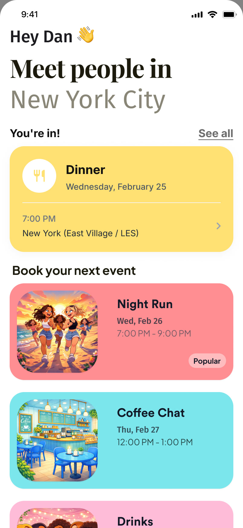 Home page with a You’re in! card for a dinner on Wednesday, February 25 in New York, East Village, above the event list