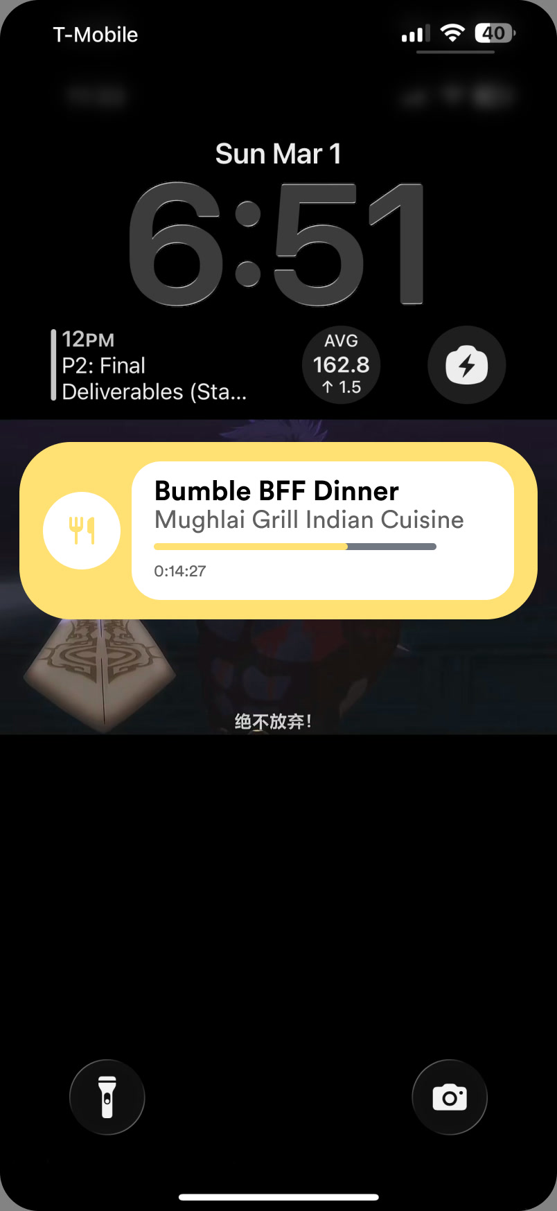 Lock screen Live Activity: Bumble BFF Dinner, Mughlai Grill Indian Cuisine, with an elapsed time of 14 minutes