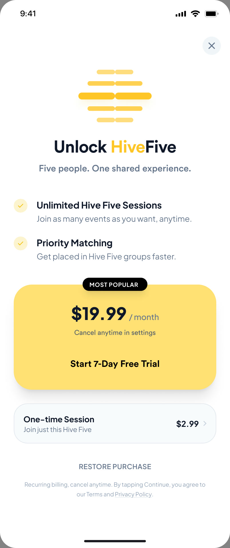 Paywall: Unlock HiveFive, five people, one shared experience; $19.99 a month with a 7-day free trial, or a one-time session for $2.99