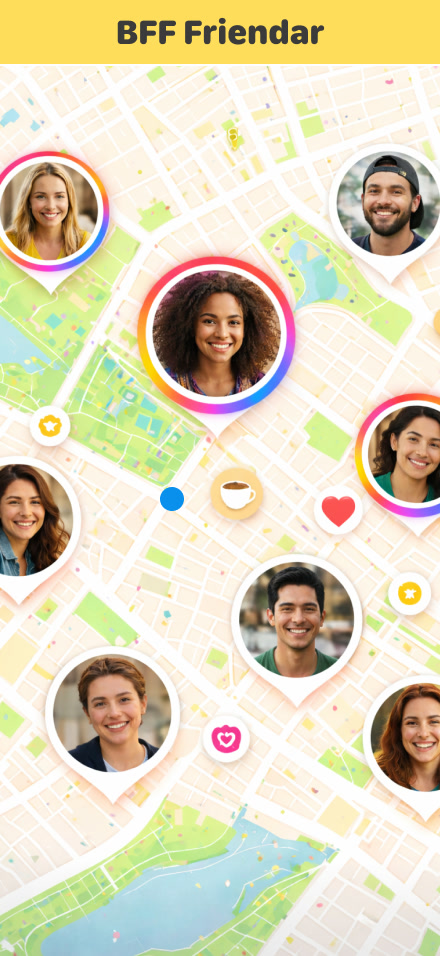 Concept mockup titled BFF Friendar: a city map with circular profile photos of nearby friends and a coffee-shop marker