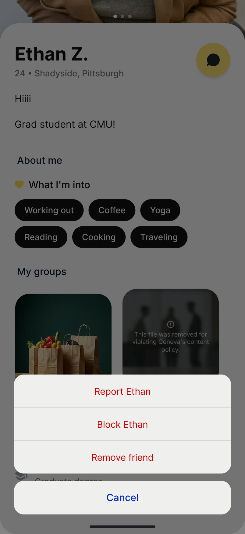 The same profile scrolled down, with a sheet offering Report Ethan, Block Ethan, Remove Friend and Cancel