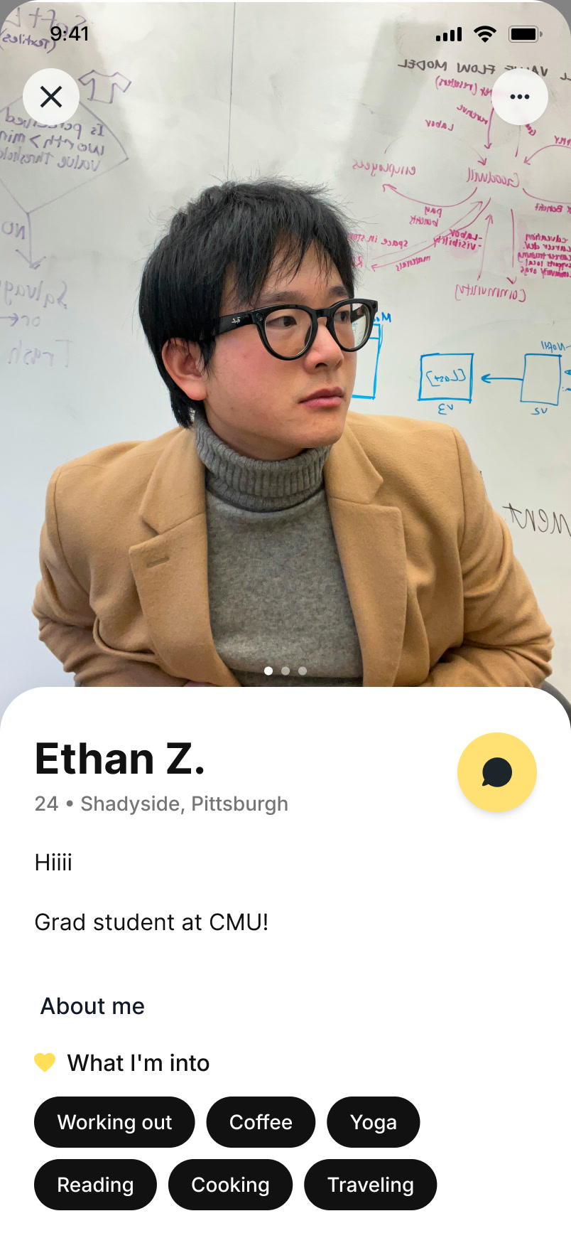 Participant profile for Ethan Z. with a photo, a short bio, and interests such as working out, coffee and reading