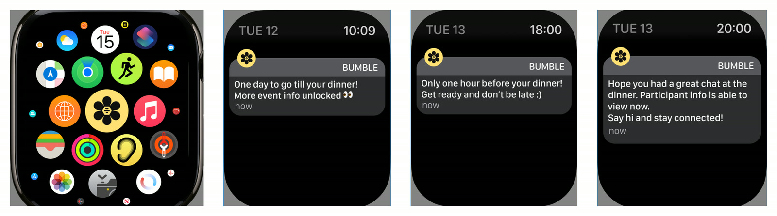 Three Apple Watch notifications from Bumble: one day to go till your dinner, more event info unlocked; and two further event alerts