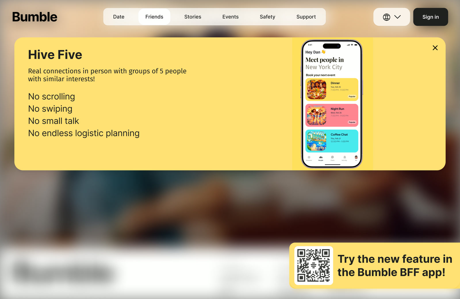Bumble BFF landing page with a Hive Five panel on the Friends tab: real connections in person with groups of 5 people with similar interests, and a QR code to try the feature in the app
