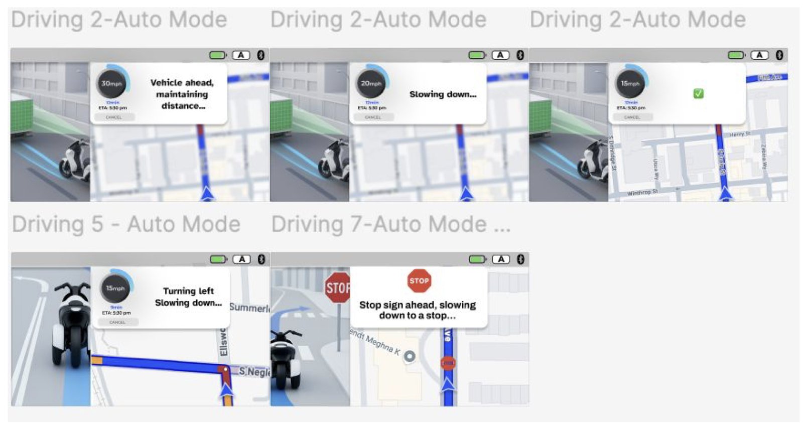 Five auto-mode dashboard screens with a 3D view of the moped and prompts such as vehicle ahead, maintaining distance; slowing down; turning left; stop sign ahead