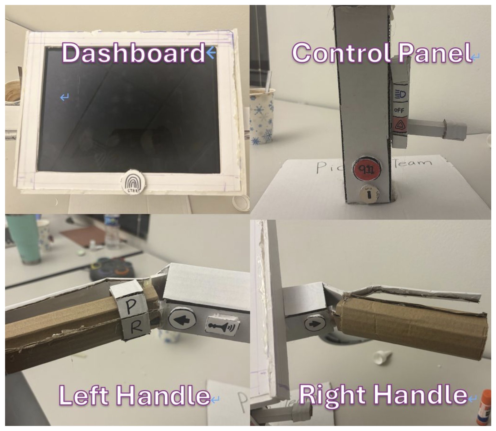 Physical prototype in four views: the dashboard with its screen and fingerprint Start button, the control panel with a red 911 button, the left handle with the gear ring, and the right handle with throttle and brake.
