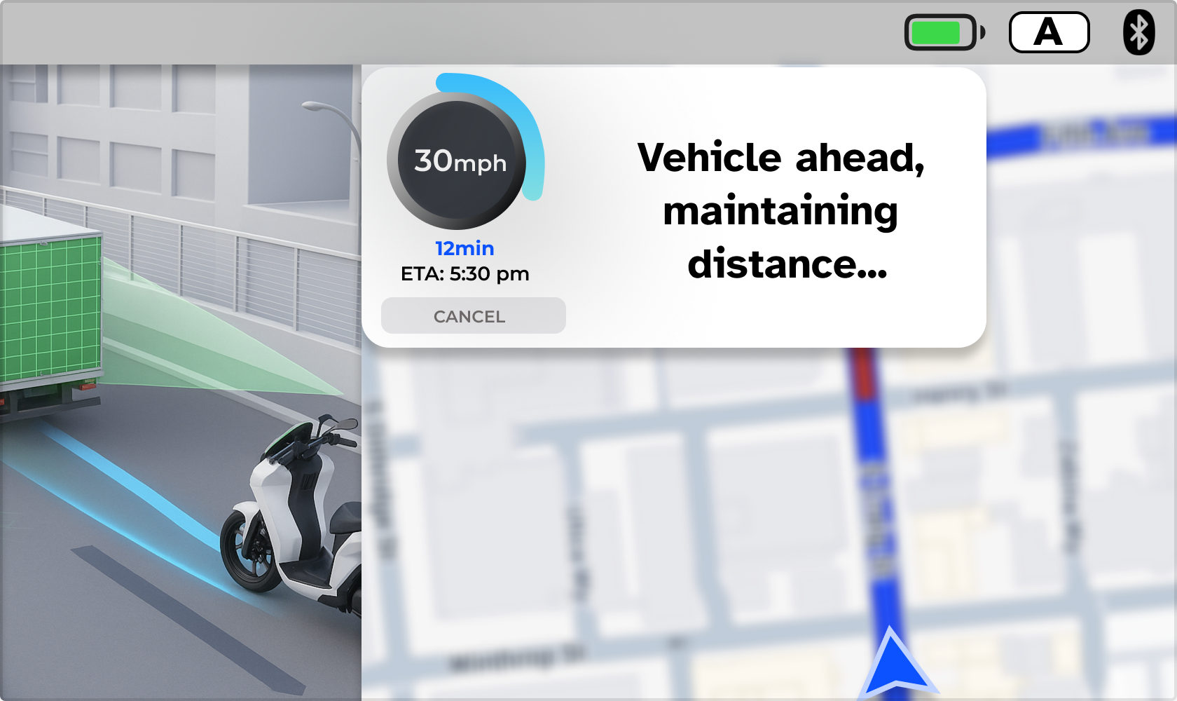 The final dashboard in auto mode: a 3D view of the moped behind a truck and the prompt Vehicle ahead, maintaining distance