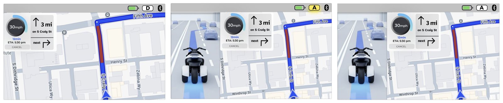 Three high-fidelity dashboard screens switching from manual to auto mode, with the mode letter in the status bar changing