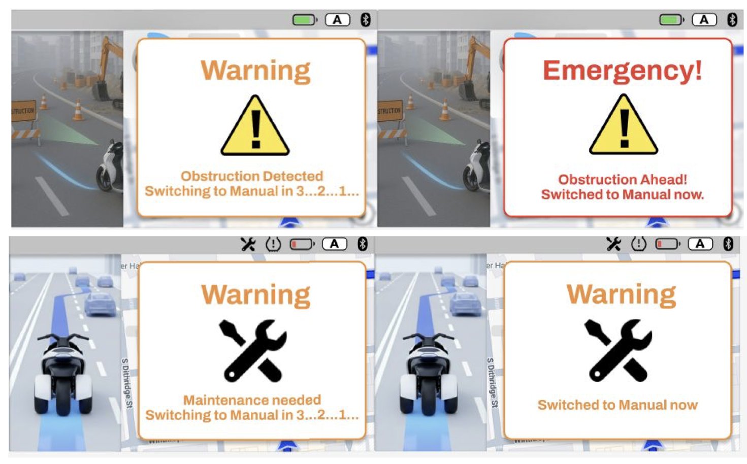 Four dashboard warning screens that count down to manual mode when the vehicle meets an obstruction or needs maintenance